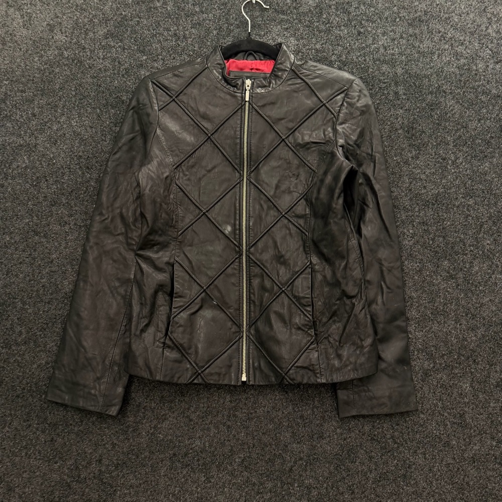 Vintage Mossimo Black Genuine Leather Diamond Quilted Zip Up Jacket Small